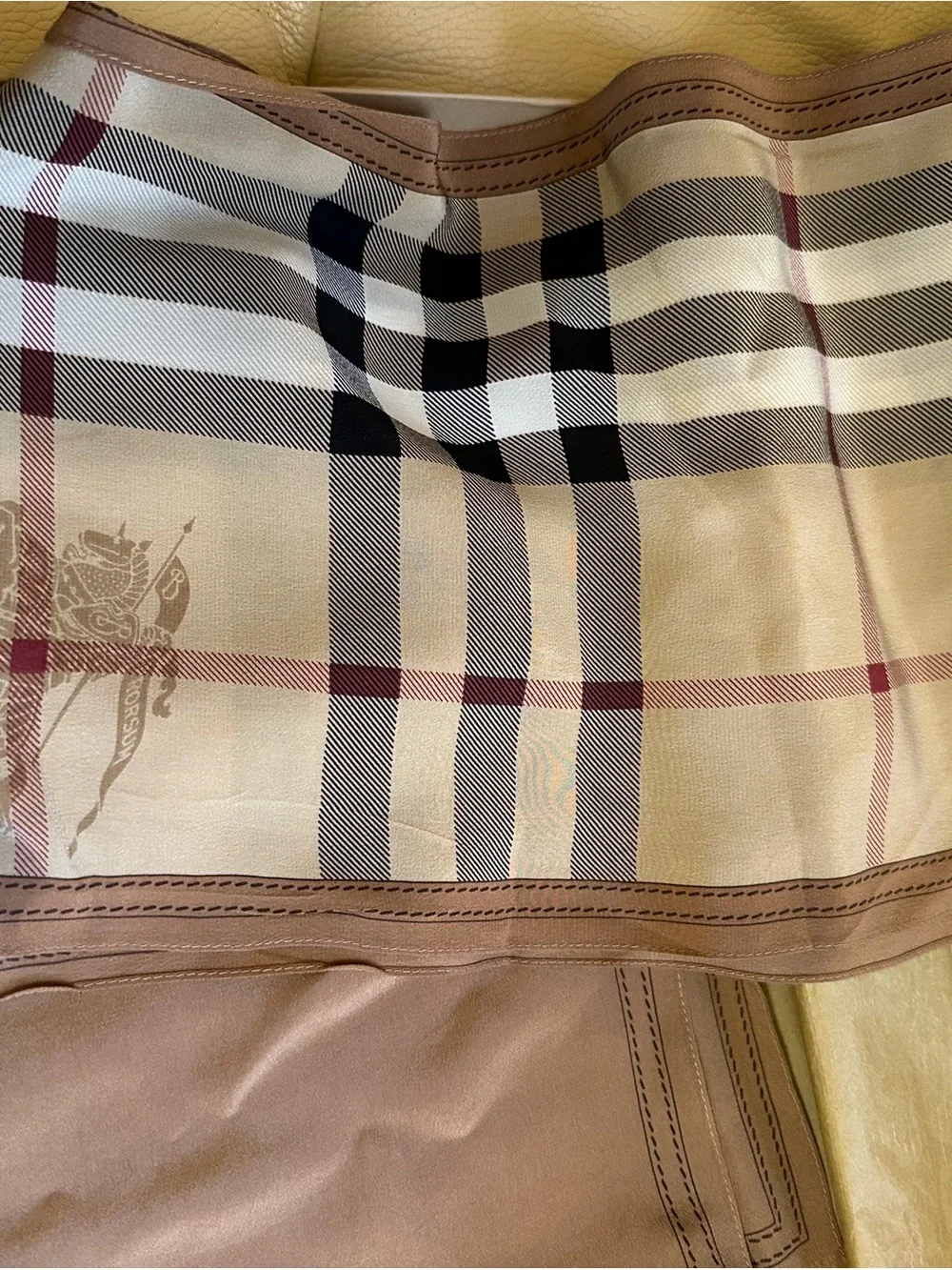 Burberry Beige/Tan Check Silk Scarf with Black and Red Accents